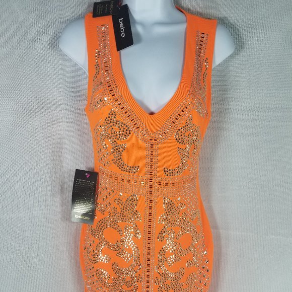 BEBE EMBELLISHED OPEN SHOULDERS DRESS $149 - XXS XS M - ORANGE - NEW WITH TAGS - Picture 1 of 7